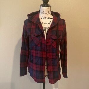 Maroon and navy plaid button up with hood